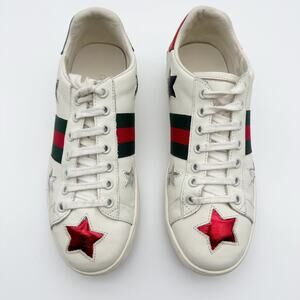 Gucci Ace White Leather Sneakers Web Stripe Metallic Star Red Green Logo Size 37